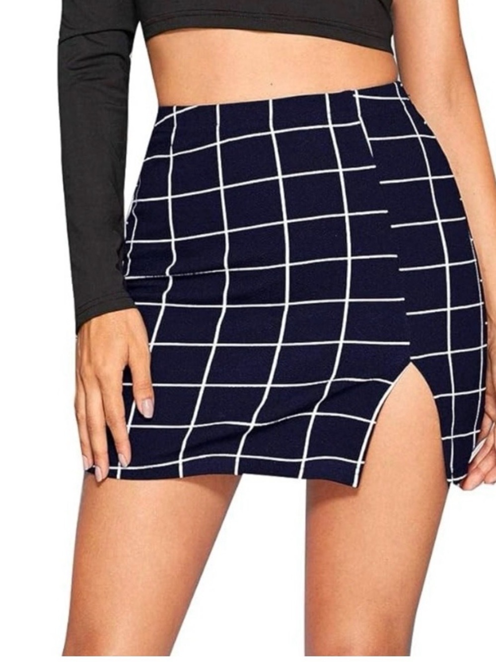 SHEIN Navy Grid Mini Skirt with Side Slits